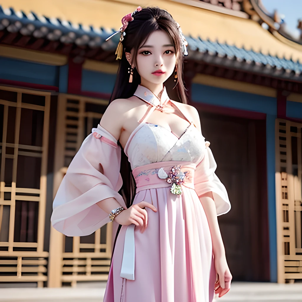 Asian woman in pink dress standing in front of a building, popular on CGSTATION, beautiful digital artwork, Pan Chengwei on Artstation, CGex and Fenghua Zhong, palace, girl in Hanbok, movie. Works of art in Guvez style, 8K,bare breast, open chest,cleavage