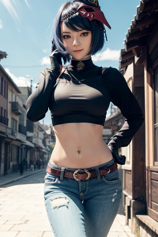 1girl, ((midriff, navel)), looking at viewer, fashion pose, happy, (cinematic lighting, best quality, masterpiece, high details, best quality, highres, HD, 4K, 8k, super detail), (kujou sara:1.3), mask on head, blue hair, short hair, yellow eyes, gloves