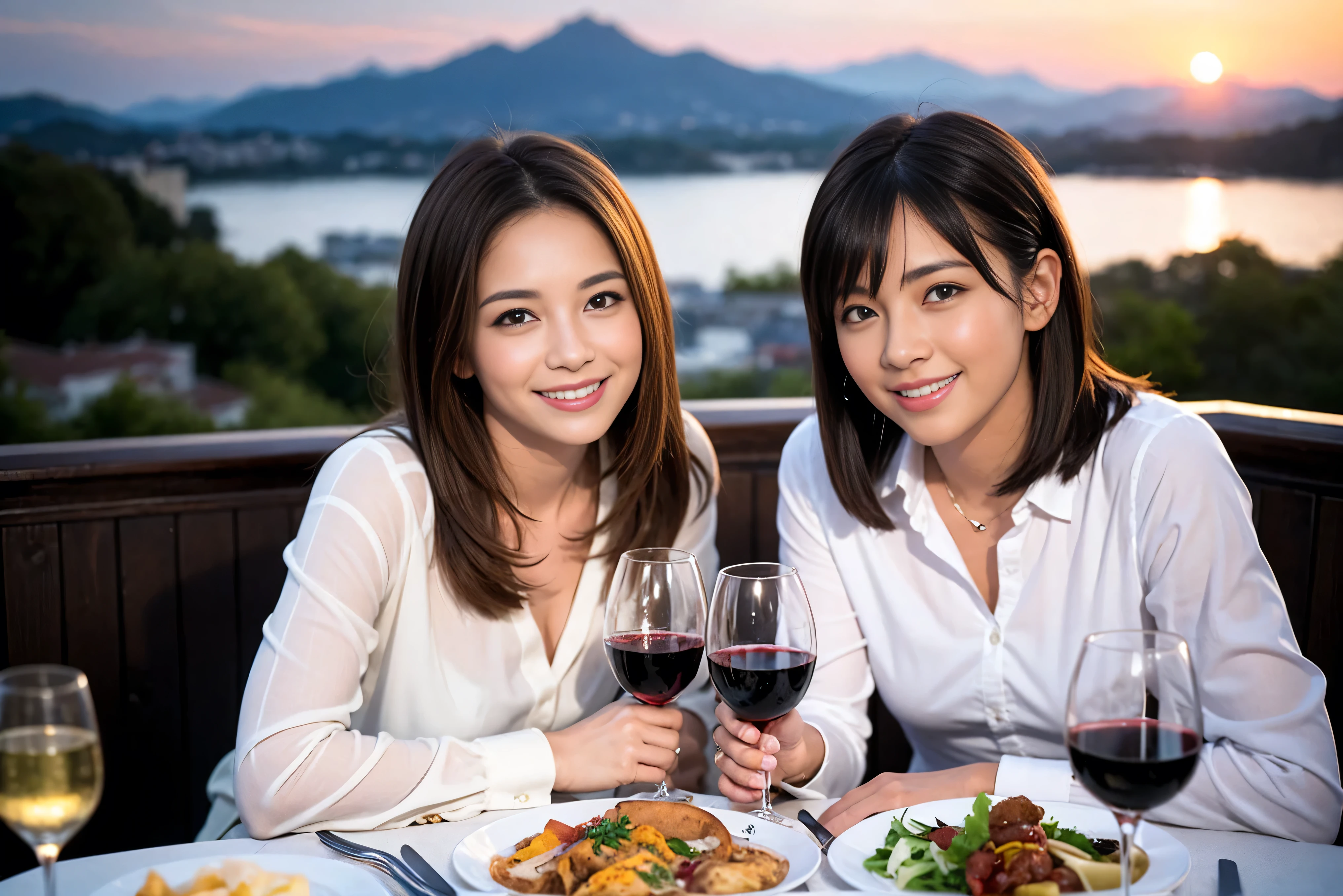 ((highest quality、8k、masterpiece:1.3))、1 male 1 female、Lovers、beautiful couple、Happy Smile、 (Slim face), (The body is スリム), (Brown Hair), (Shortcuts), ((Bob Hale、Straight hair:1.2)), Wine glass on the table、Please put light on my face、 Amazing view of the sunset sky and clouds、Amazing mountain views、The wonderfulness of smiles、Bright image、Blushing, Shortcuts,Bright Face、 (Age 35), 39 years old, red wine 、Appetizers、Italian food、Wine bottle、Champagne、sparkling wine、Long sleeve shirt、dress、Attractive beauty、restaurant, Nova Frog Style, actress, model, Upper Body, White wine, red wine, wine glass,