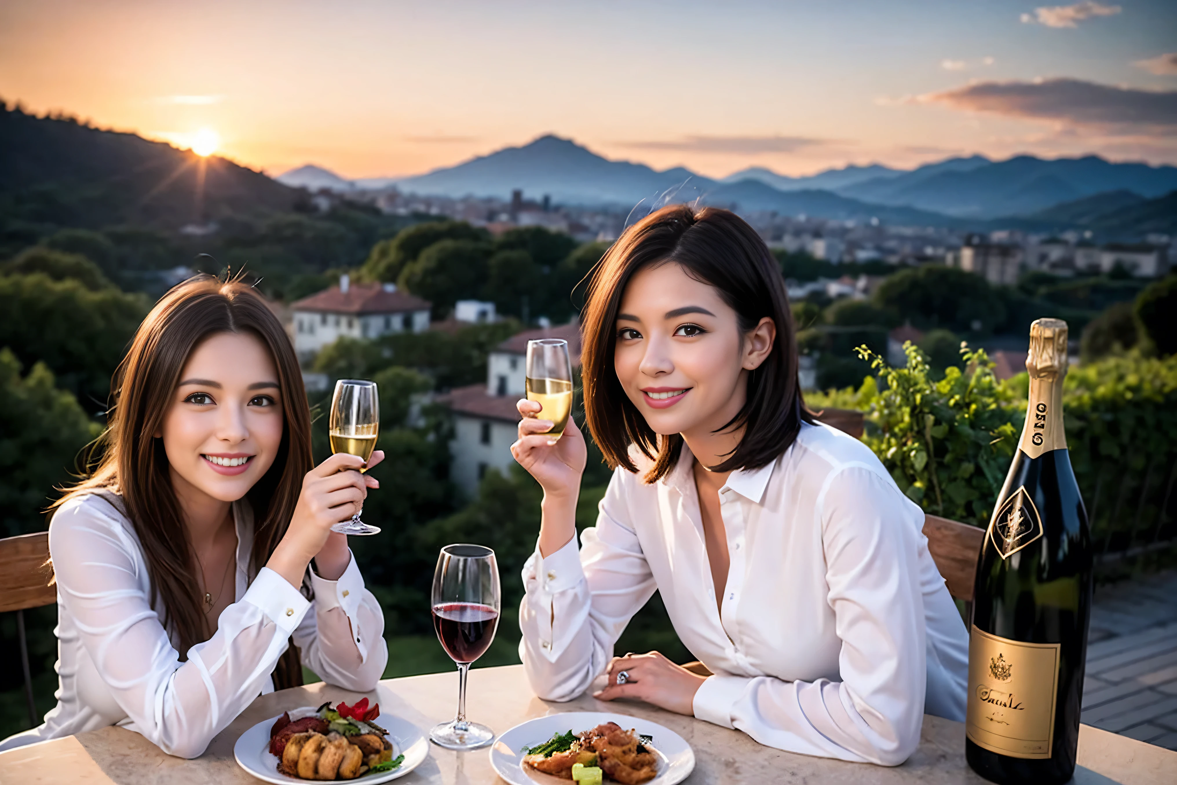 ((highest quality、8k、masterpiece:1.3))、1 male 1 female、Lovers、beautiful couple、Happy Smile、 (Slim face), (The body is スリム), (Brown Hair), (Shortcuts), ((Bob Hale、Straight hair:1.2)), Wine glass on the table、Please put light on my face、 Amazing view of the sunset sky and clouds、Amazing mountain views、The wonderfulness of smiles、Bright image、Blushing, Shortcuts,Bright Face、 (Age 35), 39 years old, red wine 、Appetizers、Italian food、Wine bottle、Champagne、sparkling wine、Long sleeve shirt、dress、Attractive beauty、restaurant, Nova Frog Style, actress, model, Upper Body, White wine, red wine, wine glass,