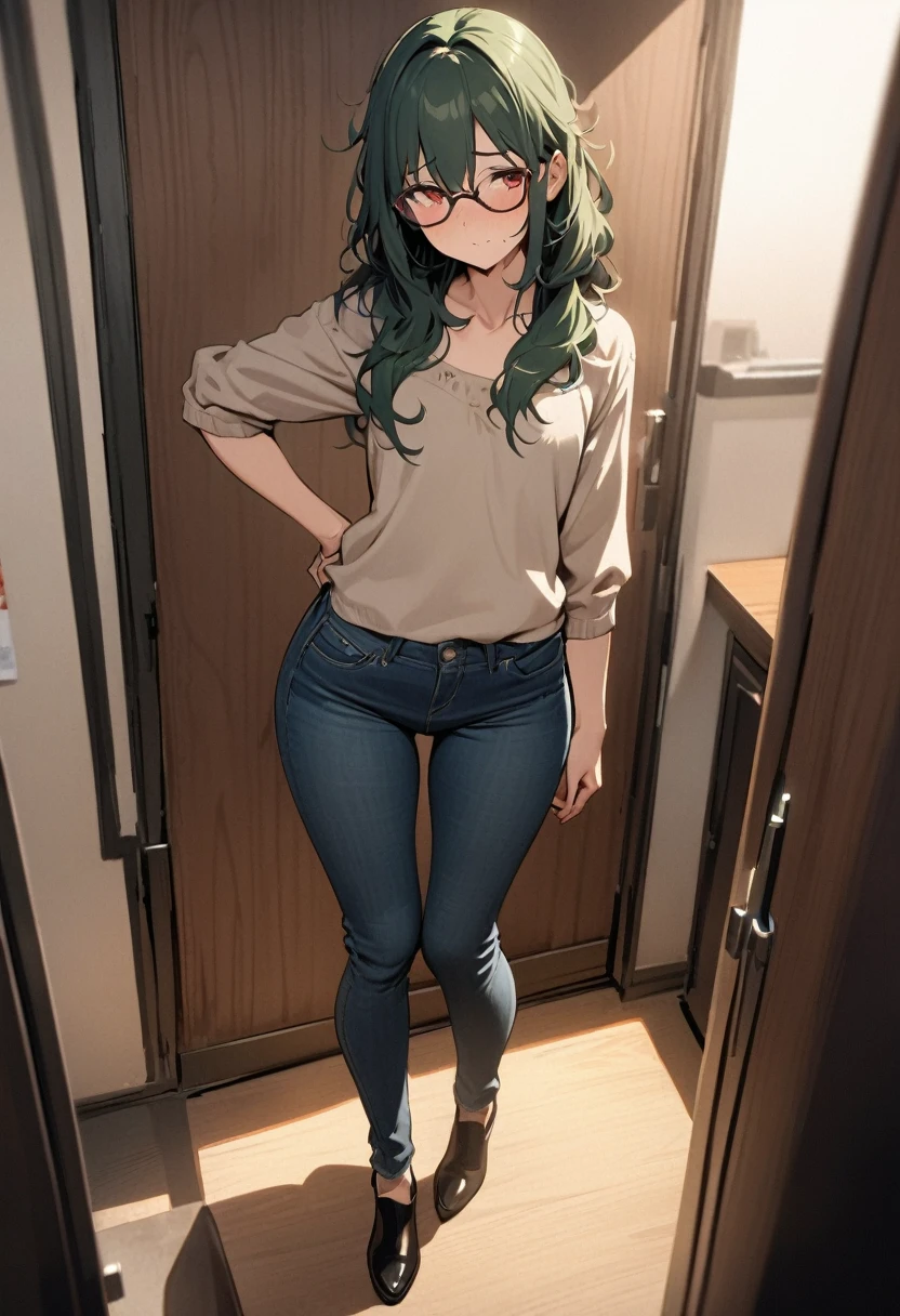 masterpiece, best quality, 1 female, solo, 35 year old female,full body,standing ,casual outfit, jeans,flat chest,Long Hair, Dark Green Hair,messy hair,glasses, red eyes,Shy , wide hips,tall,in room,her butt is facing towards me.