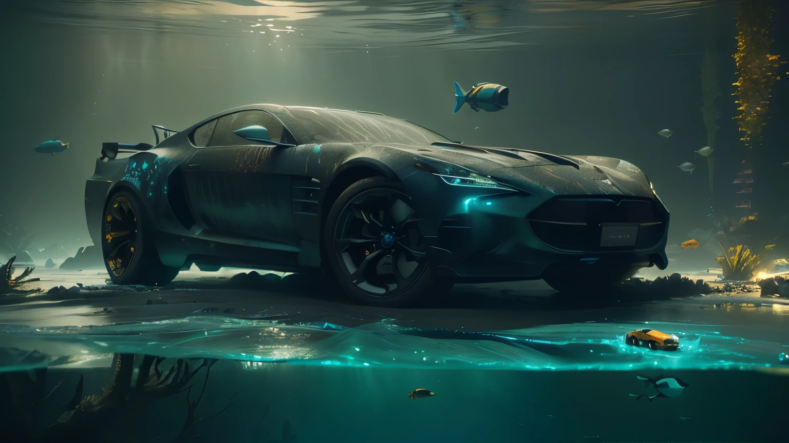 Arafed car in underwater environment with swimming fish, concept design art octane number, adventure hyperrealistic render, Photorealistic dark concept art, concept art octane number, 3D rendering and matte painting, Photo of the car concept!!, super rendered in octane number, created in octane number, digital painting. octane number, concept art 8k