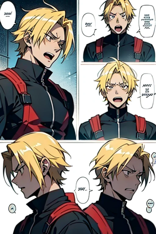 Anime guy with blonde hair screaming, detailed expression, manga page with panels and dialogue 