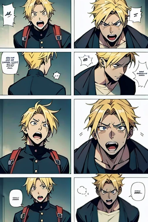 Anime guy with blonde hair screaming, detailed expression, manga page with panels and dialogue 