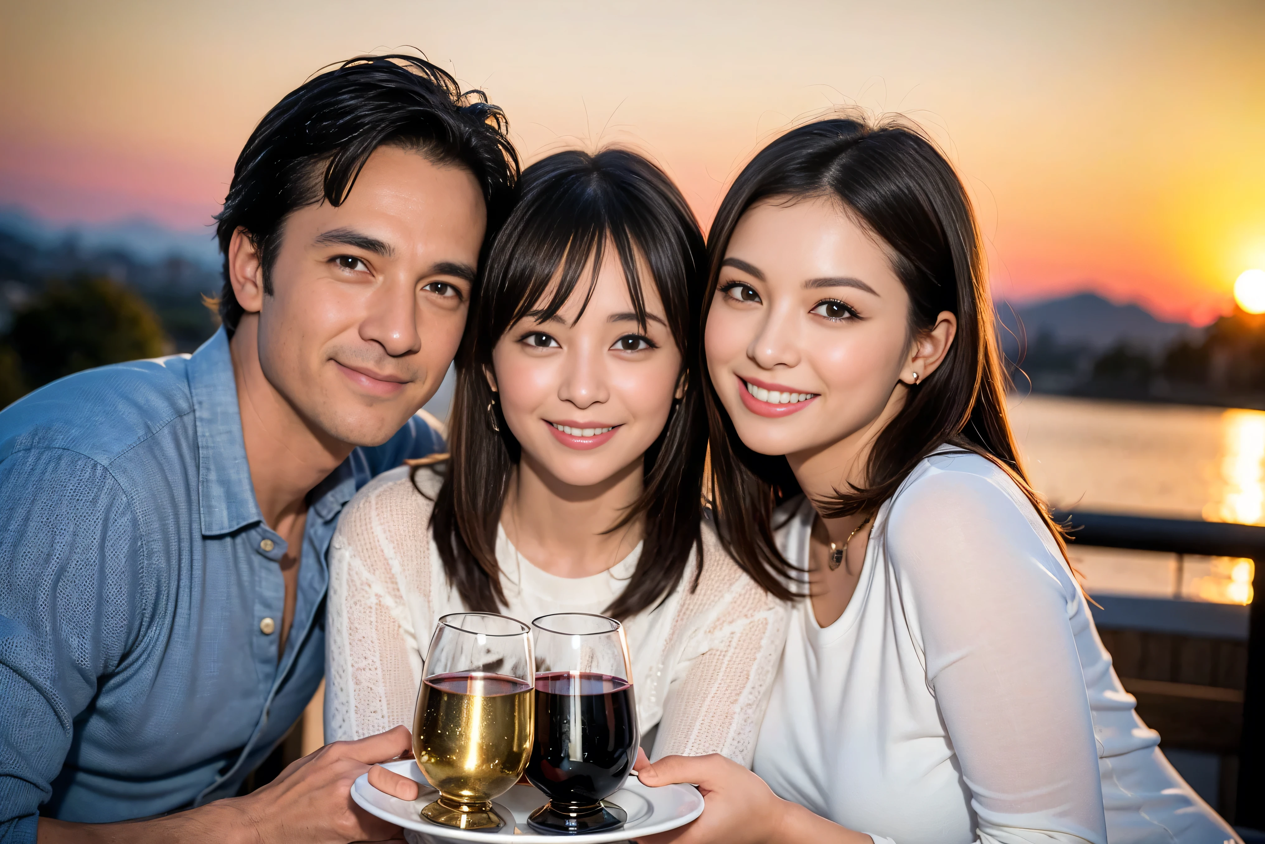 ((highest quality、8k、masterpiece:1.3))、1 male 1 female、Lovers、beautiful couple、Happy Smile、 (Slim face), (The body is スリム), (Brown Hair), (Shortcuts), ((Bob Hale、Straight hair:1.2)), Wine glass on the table、Please put light on my face、 Amazing view of the sunset sky and clouds、Amazing mountain views、The wonderfulness of smiles、Bright image、Blushing, Shortcuts,Bright Face、 (42 years old), 39 years old, red wine 、Appetizers、Italian food、Wine bottle、Champagne、sparkling wine、Long sleeve shirt、dress、Attractive beauty、restaurant, Nova Frog Style, actress, model, Upper Body, White wine, red wine, wine glass,
