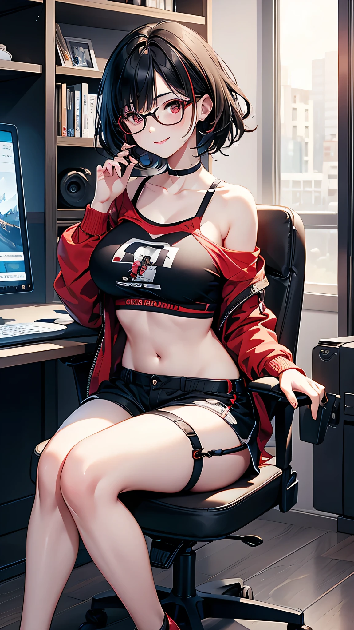 masterpiece,high quality,girl,big breast,black hair,short hair,messy hair,glasses,red sports bra,off shoulder,short pants,have game controller,smile,sitting gaming chair,gaming pc,dual display,