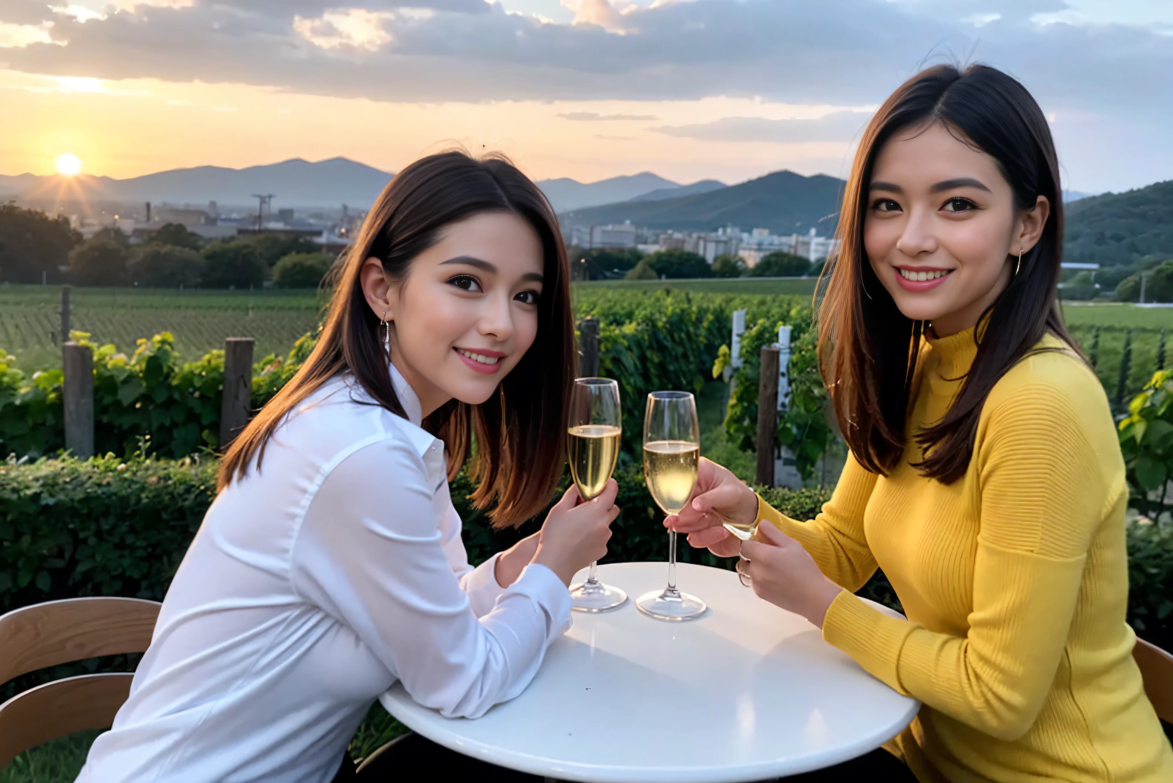 ((highest quality、8k、masterpiece:1.3))、1 male 1 female、Lovers、beautiful couple、Happy Smile、 (Slim face), (The body is スリム), (Brown Hair), (Shortcuts), ((Bob Hale、Straight hair:1.2)), Wine glass on the table、Please put light on my face、 Amazing view of the sunset sky and clouds、Amazing mountain views、The wonderfulness of smiles、Bright image、Blushing, Shortcuts,Bright Face、 (42 years old), 39 years old, red wine 、Appetizers、Italian food、Wine bottle、Champagne、sparkling wine、Long sleeve shirt、dress、Attractive beauty、restaurant, Nova Frog Style, actress, model, Upper Body, White wine, red wine, wine glass, 