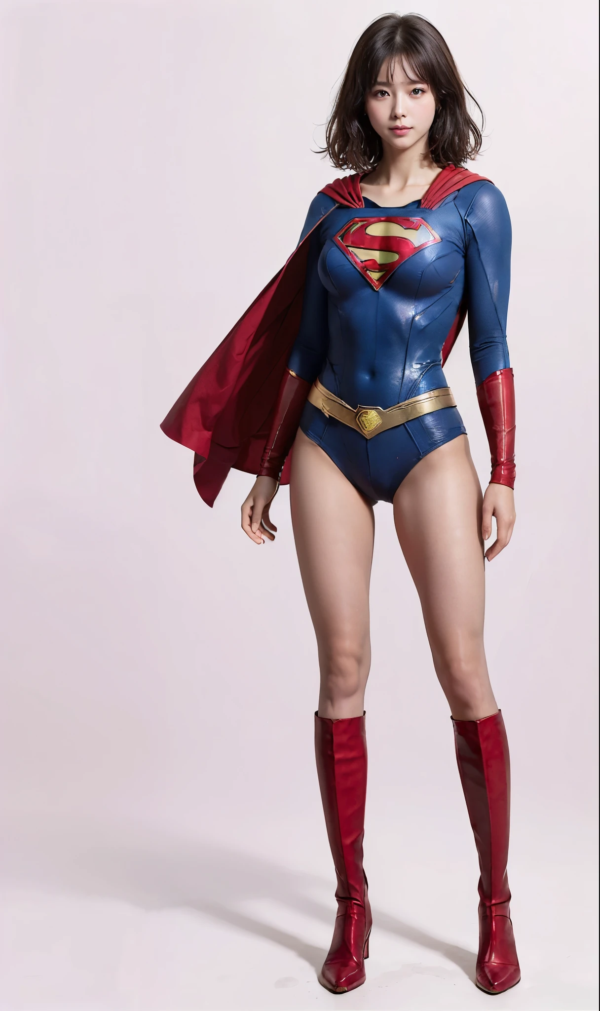 No background、(((Beautiful legs in black tights.)))、(((Legally express the beauty of your smile)))、((((Make the most of your original images)))、(((Supergirl Costume)))、(((Beautiful short bob hair)))、(((suffering)))、(((Please wear black tights....、Wear red boots)))、((Best image quality、8k))、((highest quality、8k、masterpiece:1.3))、(((Preserve background )))、Sharp focus:1.2、Beautiful woman with perfect figure:1.lim Abs:1.2、Wet body:1.5、Highly detailed face and skin texture、8k