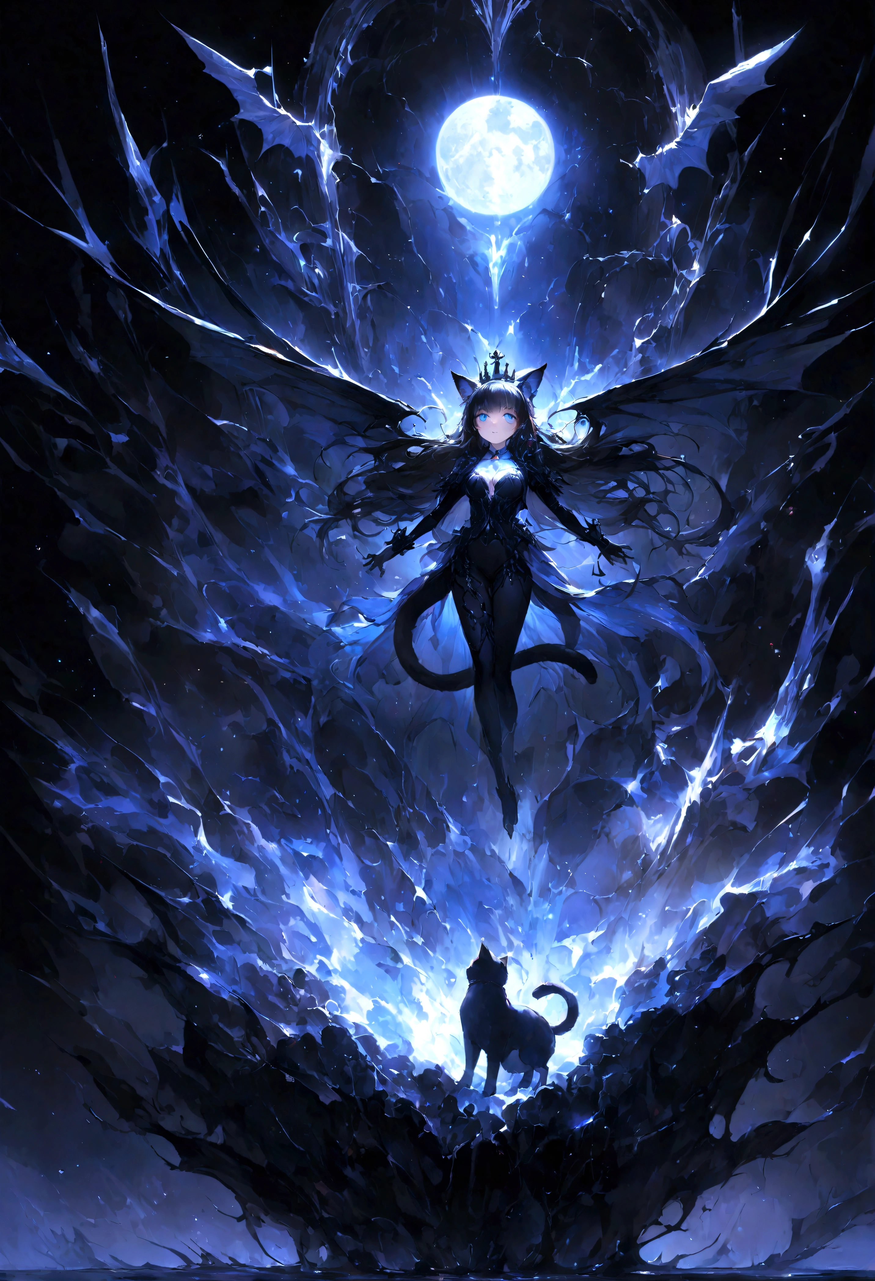 cute、、Young Girl、12age、Flying、whole body、Black Hair、Black cat ears、Cat's Tail、Beautiful blue eyes、Black crown、Black and blue vampire wings、Rin々Funny face、beautiful、blue Moon、Lots of white light、Fantasy,Lots of light、gem、magic、AmbiLight,The colors are vivid and bright,Black background,haze,Detailed depiction,Rich details,Explosion of imagination,Surreal,Ultra-realistic,masterpiece,8k,Light,Tyndall effect