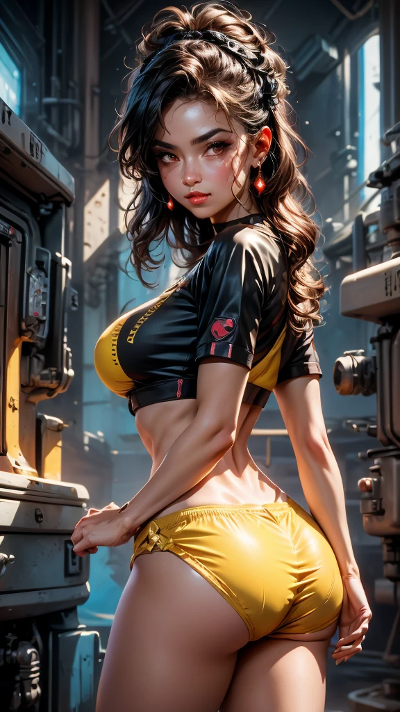 motor ilusorio:1.4,CG K ultrarrealista,Fotorrealista:1.4,Textura de la piel:1.4,obra maestra:1.4,Beautiful woman in doll's underwear、Cyberpunk style yellow shorts,Medias rojas,minifalda azul,erotic lace，tetas grandes， labios grandes y jugosos， muslos gruesos y jugosos