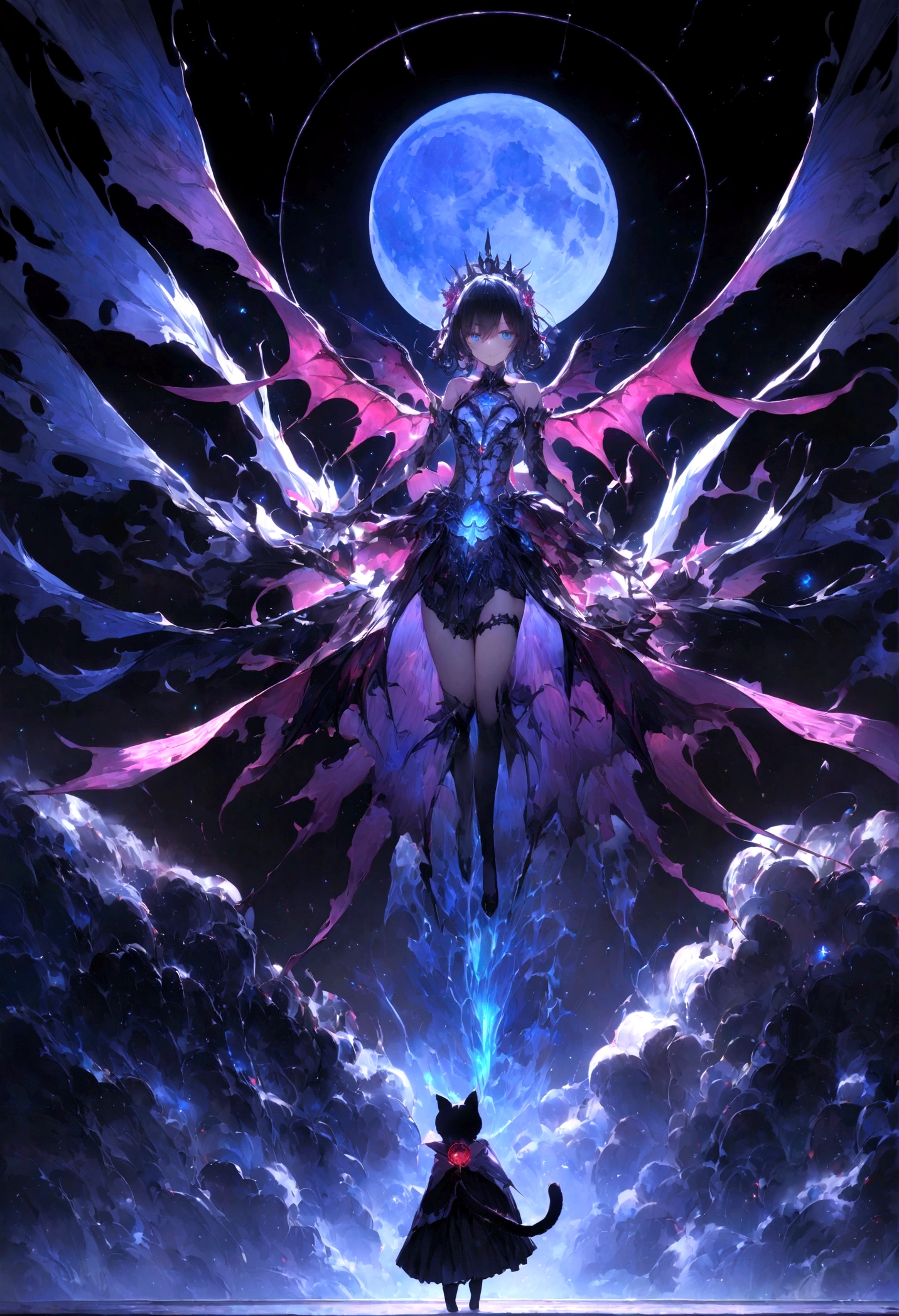cute、、Young Girl、12age、Flying、Your eyes are bright and beautiful、whole body、Black Hair、Black cat ears、Cat's Tail、Beautiful blue eyes、Black crown、Black and blue vampire wings、Glare、Rin々Funny face、beautiful、blue Moon、Lots of blue light、universe、Fantasy,Lots of light、gem、magic、AmbiLight,The colors are vivid and bright,Black background,haze,Detailed depiction,Rich details,Explosion of imagination,Surreal,Ultra-realistic,masterpiece,8k,Light,Tyndall effect