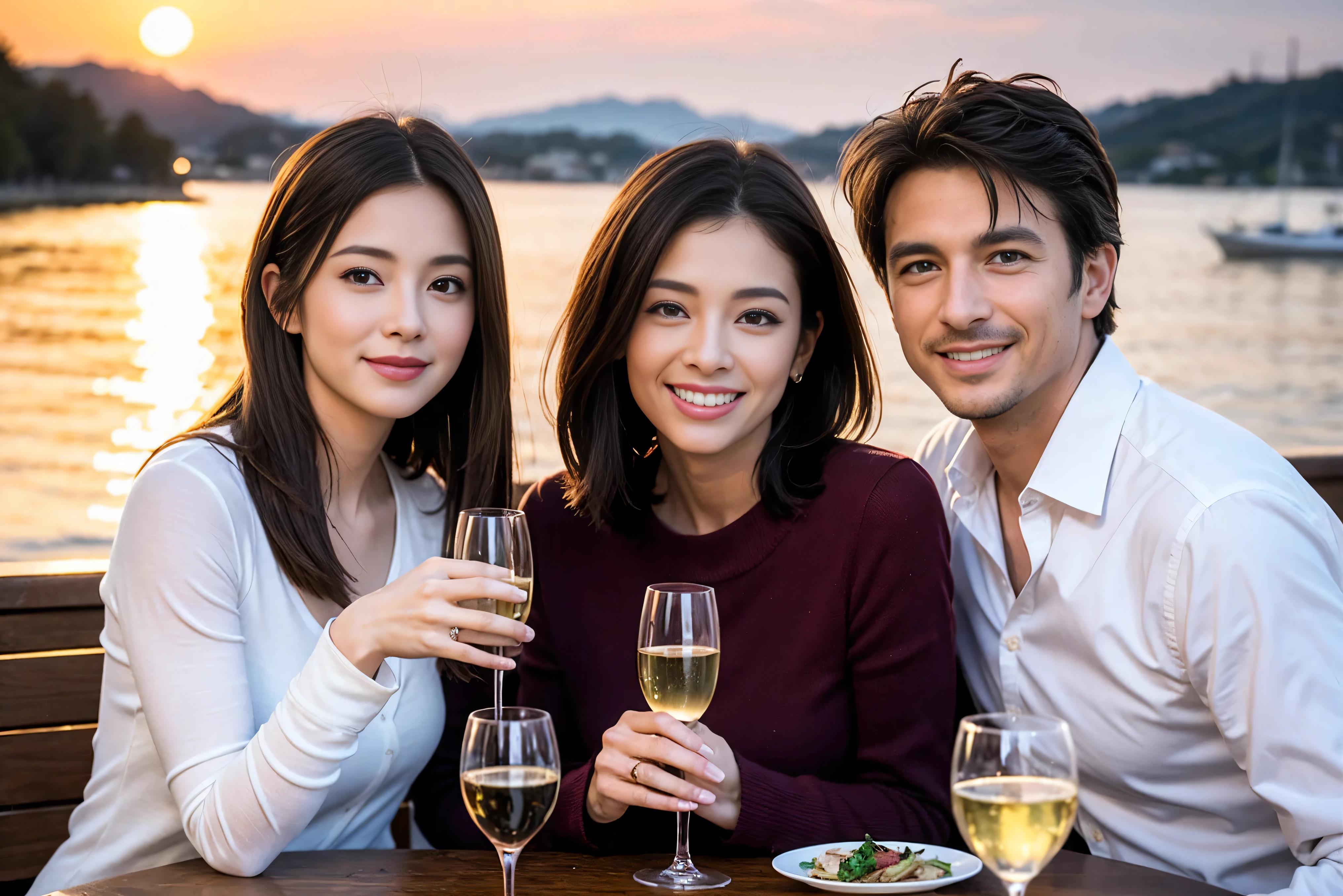((highest quality、8k、masterpiece:1.3))、1 male 1 female、Lovers、beautiful couple、Happy Smile、 (Slim face), (The body is スリム), (Brown Hair), (Shortcuts), ((Bob Hale、Straight hair:1.2)), Wine glass on the table、Please put light on my face、 Amazing view of the sunset sky and clouds、Amazing mountain views、The wonderfulness of smiles、Bright image、Blushing, Shortcuts,Bright Face、 (42 years old), 39 years old, red wine 、Appetizers、Italian food、Wine bottle、Champagne、sparkling wine、Long sleeve shirt、dress、Attractive beauty、restaurant, Nova Frog Style, actress, model, Upper Body, White wine, red wine, wine glass, 