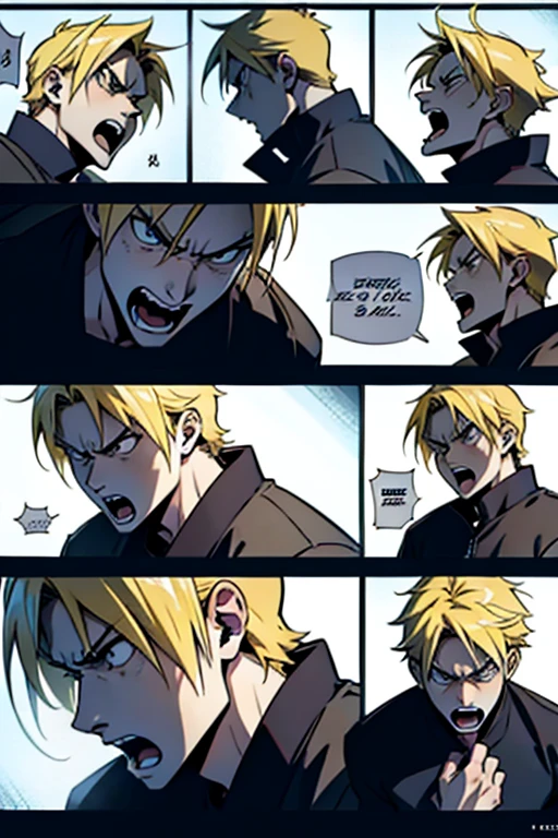 Anime guy with blonde hair screaming while fighting, detailed expression, manga page with panels and dialogue