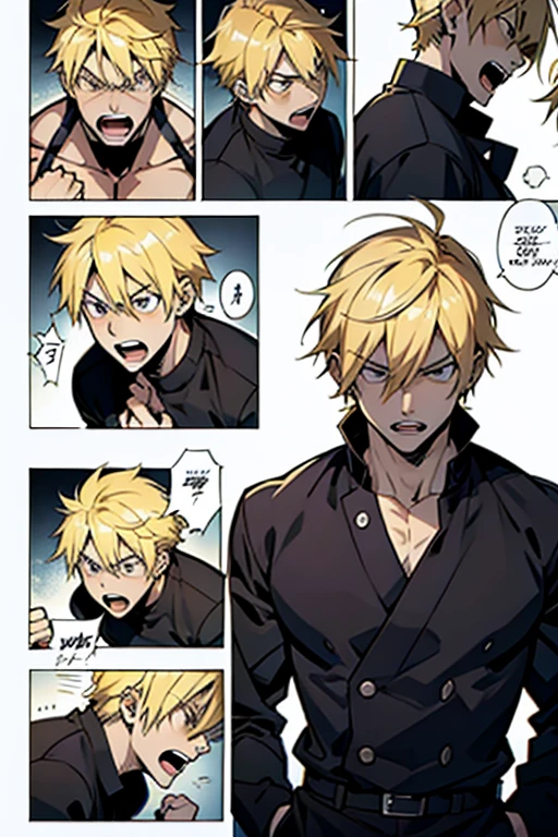Anime guy with blonde hair screaming while fighting, detailed expression, manga page with panels and dialogue 