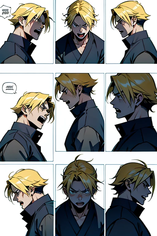 Anime guy with blonde hair screaming while fighting, detailed expression, manga page with panels and dialogue