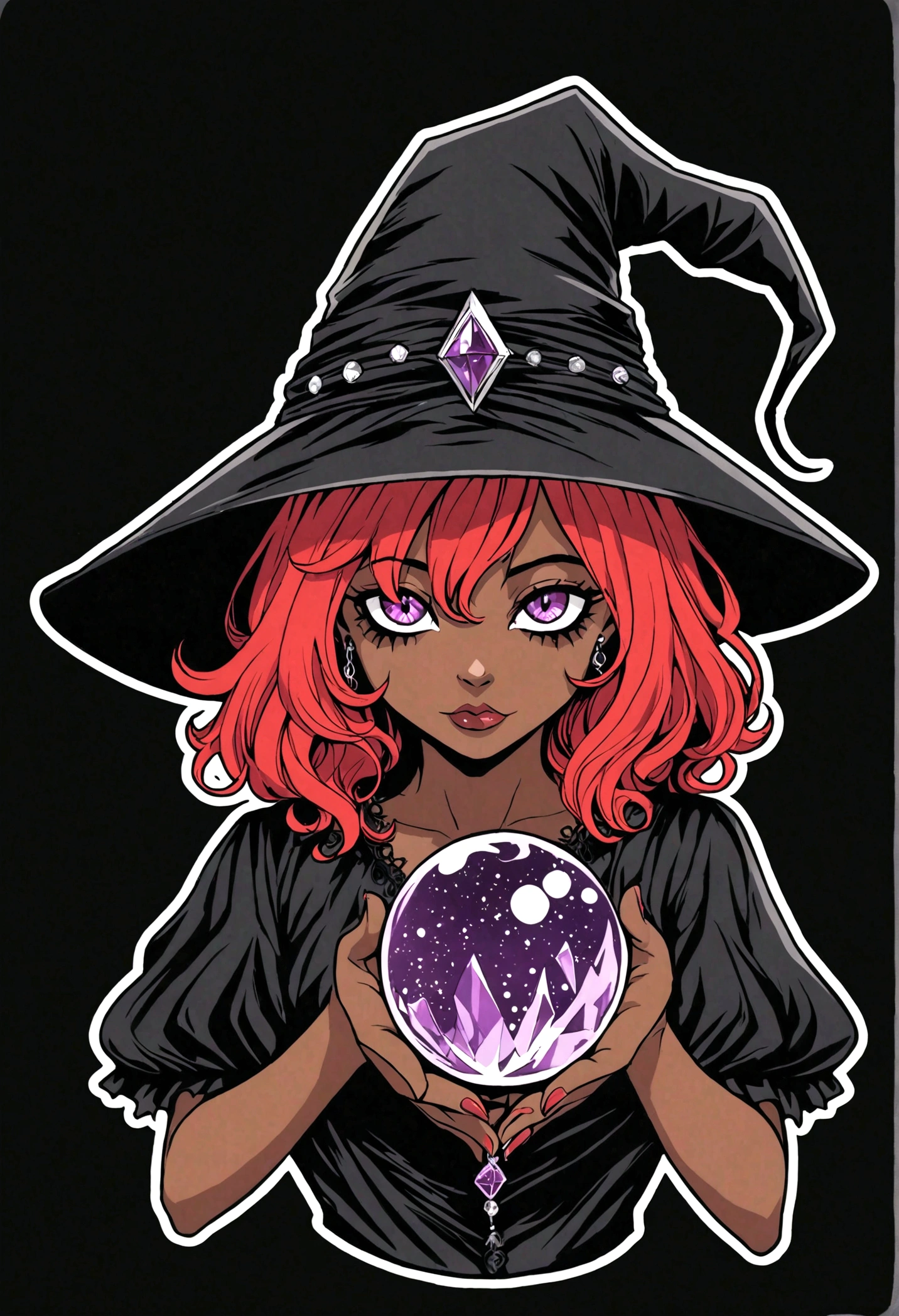 Illustration of beautiful red-haired witch holding a purple crystal ball for a sticker on a black background, em estilo de contorno em negrito, bordas irregulares, trashcore, Sombreamento claro