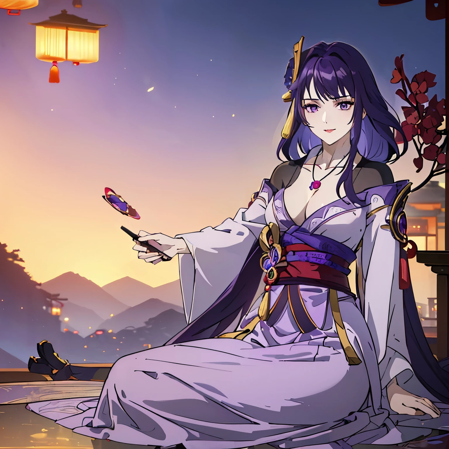 Best quality at best, Ultra-high resolution, (((1 girl))), (Long purple hair), (violet eyes), (Chinese clothes), (((Red Flowers necklace around her neck))), (Ultra Long Skirt), Happy smile, Hanfu, Yarn, Flowing light yarn, jewelry, (focal), (((Colorful))), particle fx , tmasterpiece, Best quality at best, beautiful painted, meticuloso, highly detailed, (tmasterpiece, Best quality at best) CG unified 8K wallpaper,((sitting in a Chinese mansion)) , tmasterpiece,Best quality,ultra - detailed), Super HD picture quality