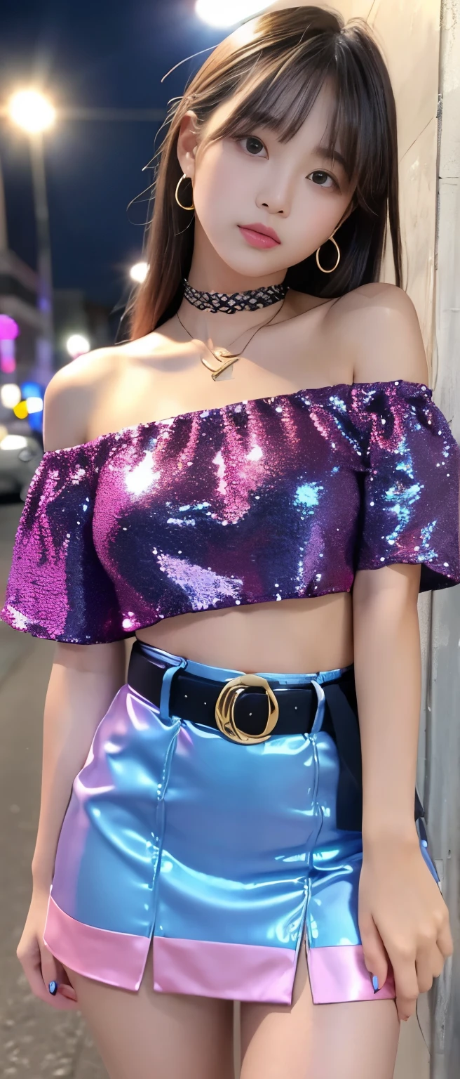 Pure idol girl、whole body、Good style、、、、、、、、、、Tanned thick legs、Night Town、Pink sequined tight mini skirt、Formal shirt with partial off-the-shoulder(Blue Stripe)、、Cross Belt