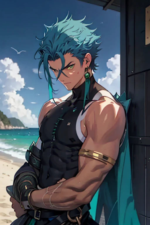 masterpiece　male　Kneel　Embarrassing　Emerald Hair　Swimwear　Blue Hair　Yellow Eyes　suffer　Upper body naked　Droopy eyes　arrested