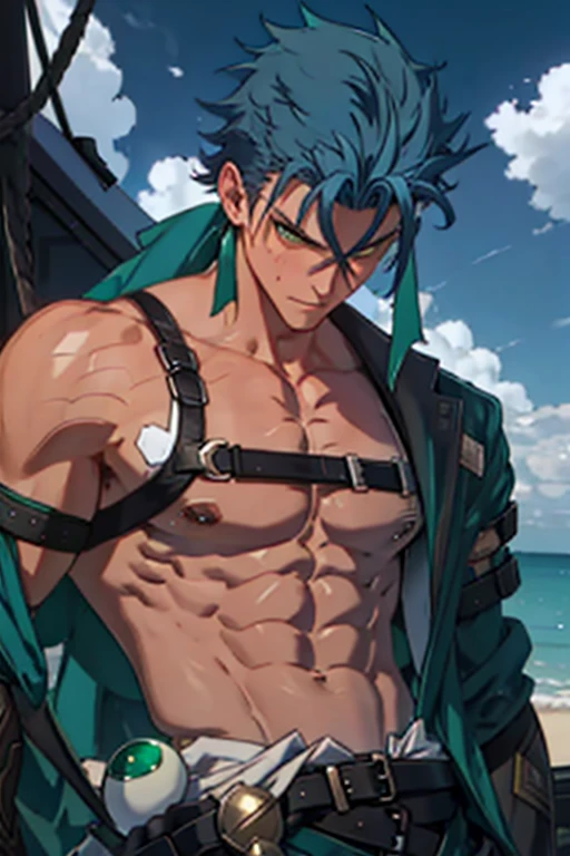 masterpiece male Kneel Embarrassing Emerald Hair Swimwear Blue Hair Yellow Eyes suffer Upper body naked Droopy eyes arrested