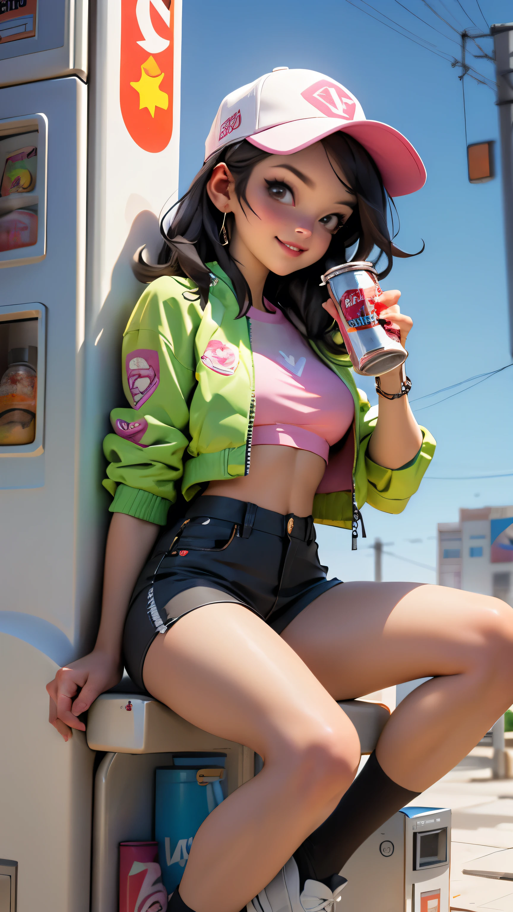 ((Best Quality, best resolution, award-winning portrait, official art)), ((perfect Masterpiece)), ((Realistic)) and ultra-detailed photography of a 1nerdy woman, 25 year old, with goth and post apocalyptic colors. She has ((long whispy long Black-colored hair)), wears a (Pink Bomber Jacket with a white Tshirt and a Black Crop top) and a (Harajuku-inspired shorts:1.2) , ((the most beautiful and y aesthetic)),drinking a can of soda, Show the whole body, Leaning back, Head tilt, eyes close, white background, Smiling. Knee high socks, Dynamic pose Full Body, Eating ,birds eye view, Wearing a pizza hat. Sitting on top of a Crane GPL Vending Machine, isolated, Modern, Black Vending Machine on a white background, glass plane and has cans of soda inside with a lot of lights inside
