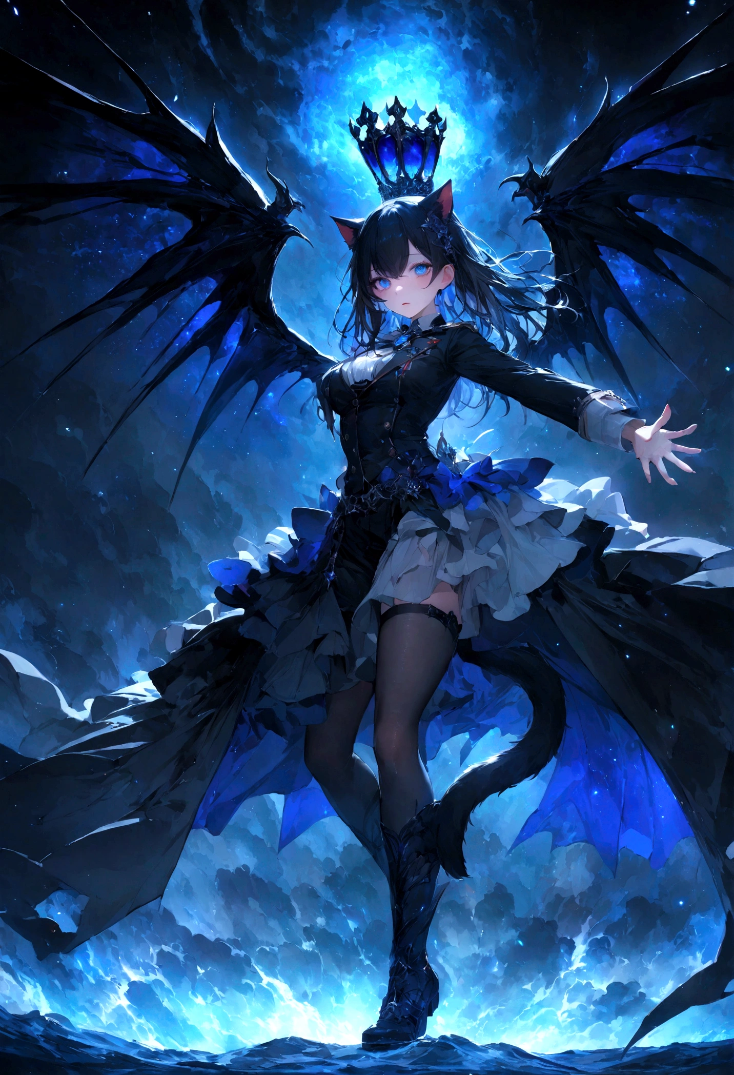 cute、、Young Girl、１２age、Flying、Your eyes are bright and beautiful、whole body、Marine Uniform、Black Hair、Black cat ears、Cat&#39;s Tail、Beautiful blue eyes、Black crown、Black and blue vampire wings、Glare、Rin々Funny face、beautiful、Ocean、Lots of blue light、universe、Fantasy，Lots of light、gem、magic、AmbiLight，The colors are vivid and bright，Black background，haze，Detailed depiction，Rich details，Explosion of imagination，Surreal，Ultra-realistic，masterpiece，8k，Light，Tyndall effect