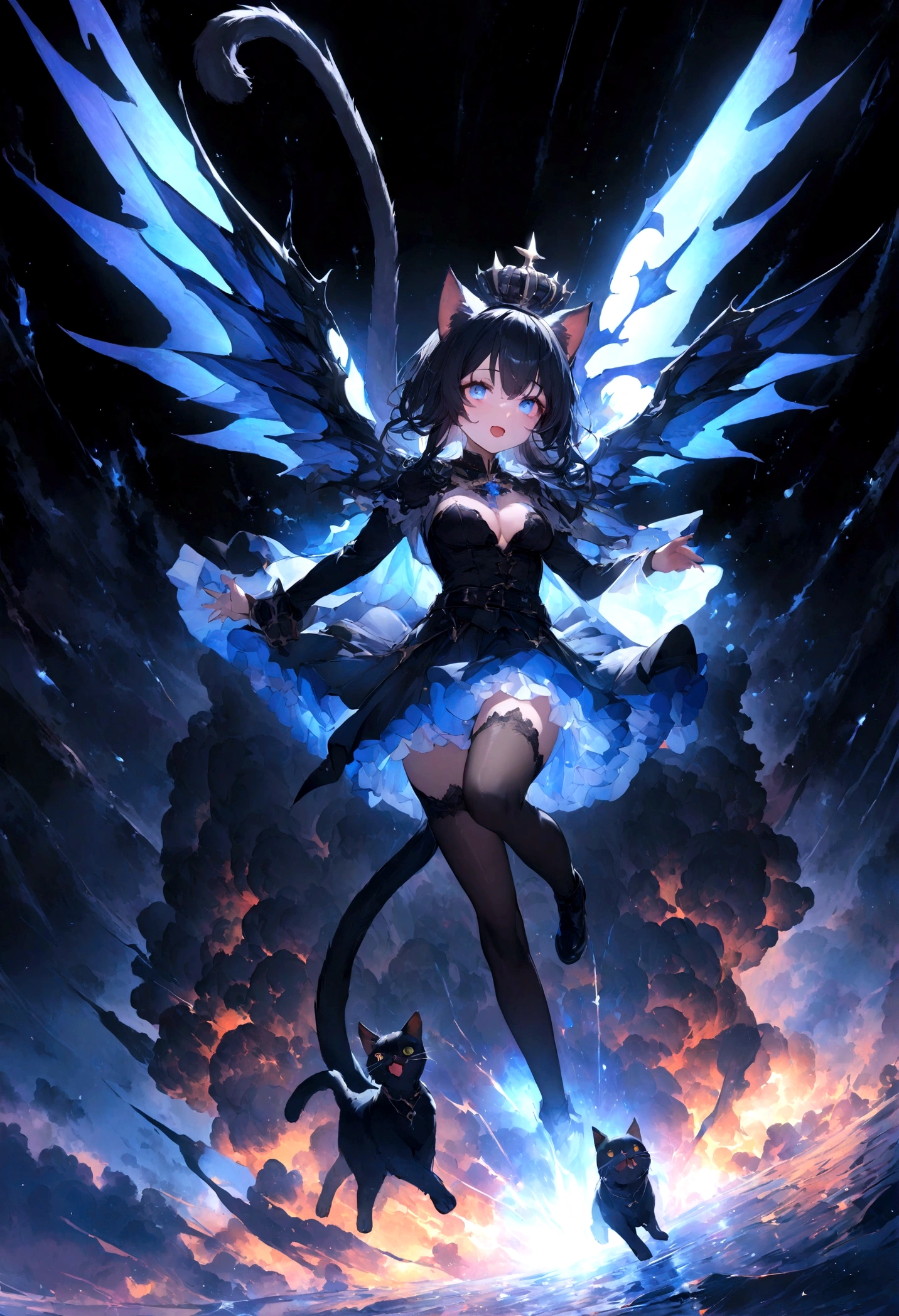cute、、Young Girl、１２age、Flying、Your eyes are bright and beautiful、whole body、Marine Uniform、Black Hair、Black cat ears、Cat&#39;s Tail、Beautiful blue eyes、Black crown、Black and blue vampire wings、Glare、Rin々Funny face、beautiful、Ocean、Lots of blue light、universe、Fantasy，Lots of light、gem、magic、AmbiLight，The colors are vivid and bright，Black background，haze，Detailed depiction，Rich details，Explosion of imagination，Surreal，Ultra-realistic，masterpiece，8k，Light，Tyndall effect