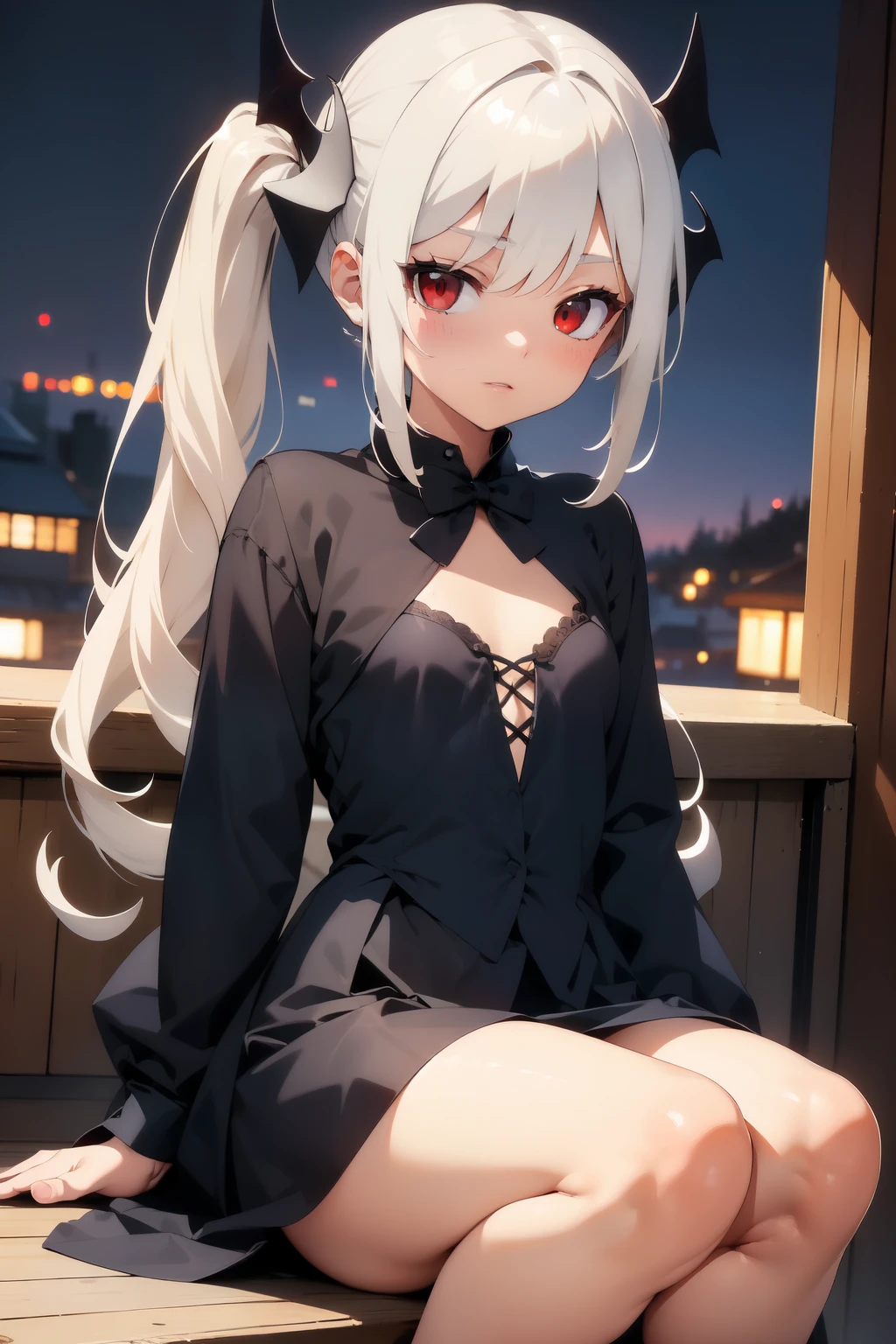 Silver long hair，Double ponytails，Black bat shape hairpin，Red eyes，Wear black gothic witch costume