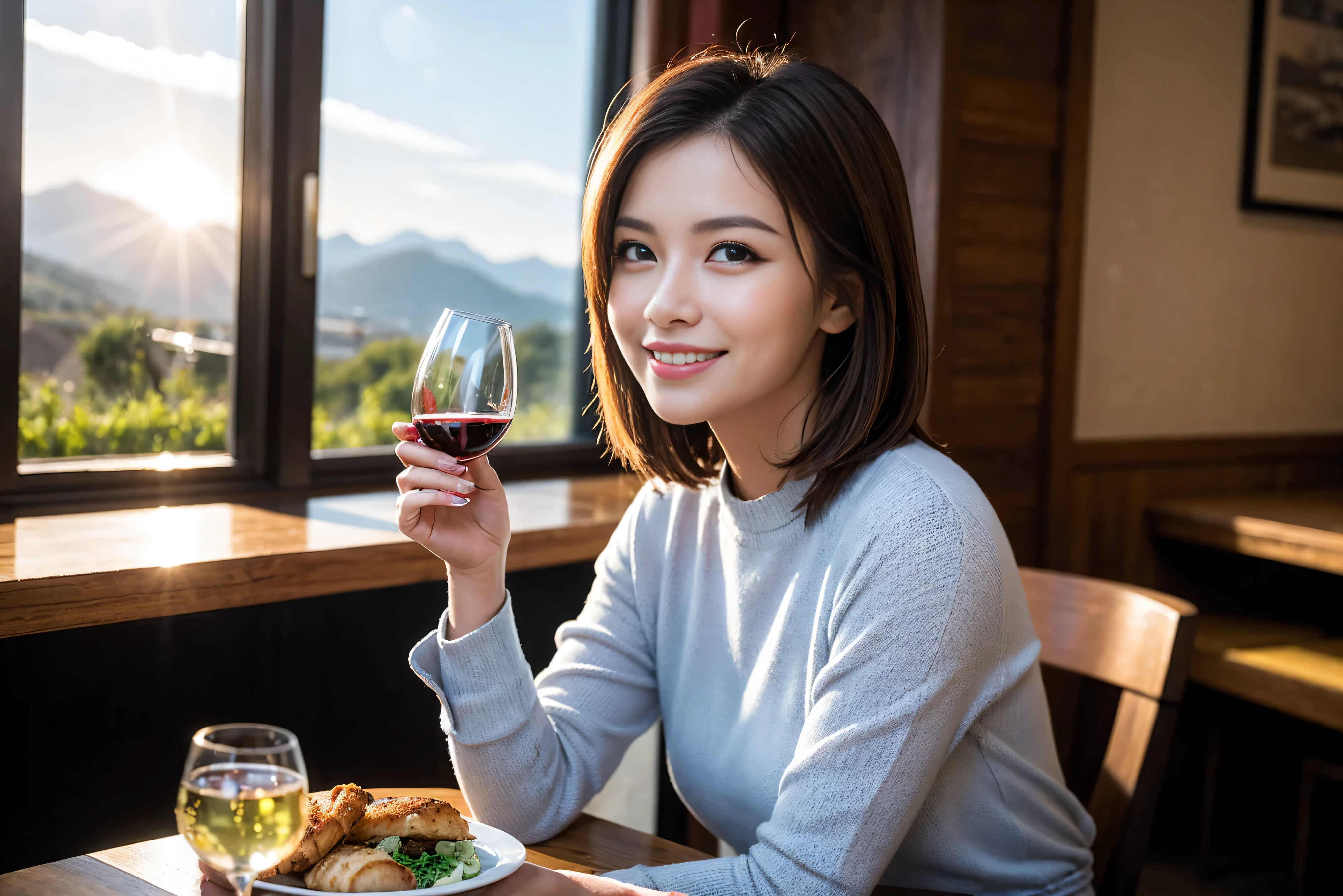 ((highest quality、8k、masterpiece:1.3))、1 male 1 female、Couple、Spouse、Couple、The body is slim、((Bob Hale、Straight hair:1.2)), (Realistic, Intricate details:1.2), Wine glass on the table、Put the light on your face、 Amazing view of the sunset sky and clouds、Amazing mountain views、A bright smile、The wonderfulness of smile、Bright image、The beauty of wine, Beautiful Face, blue eyes, The light shines on your face, Blushing, short hair,Bright Face、 (Age 37), 39 years old, red wine 、Appetizers、Italian food、Wine bottle、Champagne、sparkling wine、Two beauties、Brown Hair、Shortcuts、Long sleeve shirt、dress、Pretty Woman 1, (Slim face), (The body is slim), (Brown Hair), (Shortcuts), cheeks turn a little red,Attractive beauty、restaurant, In a prominent place (From the waist up) Nova Frog Style, actress, model, Upper Body, White wine, slim, wine glass, A wine glass placed in the center, smile, (smile: 1.15), Beautiful fine grain, Depth f/2,saturation, High Contrast, Strong light and shadow,Moist Body:1.5、3D texture、Delicate eyes、Brown Hair、The hair is very shiny、