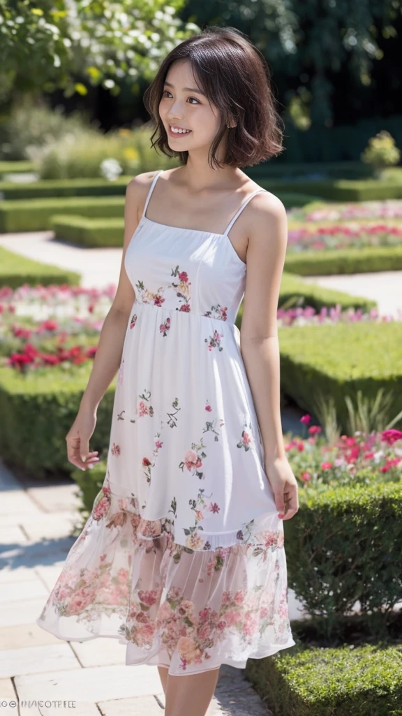 masterpiece, highest quality, disorganized, perfect anatomy, 1 girl, alone, pascal tales, short hair, beautiful, Hilarious, sunny day, botanical garden, Summer winds, sundress, Floral, wavy hair, smile