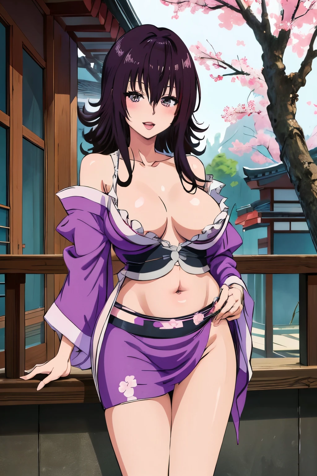 aaryouko,  standing, long hair, black hair, purple eyes. blush, lipstick, masterpiece, best quality, highly detailed, a anime girls in kimono dress with a sword posing for a
picture, bare shoulder,open kimono, evil smile, open mouth, crop top , (nsfw) not safe for work, smile,
ecchi anime style, anime girls, ecchi style, ecchi, digital anime art!!, in anime style, official artwork, visual
novel cg, beautiful anime girl, anime style 4 k, kimono pencil skirt, exposed belly, exposed navel,
exposed midriff, exposed lower belly, outdoor, japanese architecture, temple