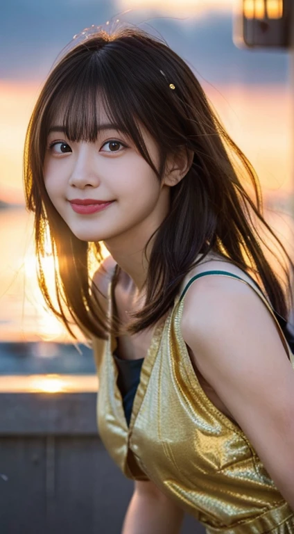 Cute Face,Accurately drawn faces,(highest quality,8K quality,masterpiece:1.3,),(超A high resolution,Photorealistic:1.4,Raw photo),(Ultra-detailed,Glowing Skin,Detailed skin),(Detailed face,Perfect Anatomy,Caustics),(Low angle full body shot),(Jump into the sky),18-year-old,Japanese Ido,Long Hair,Laughter,,Golden Hour Light