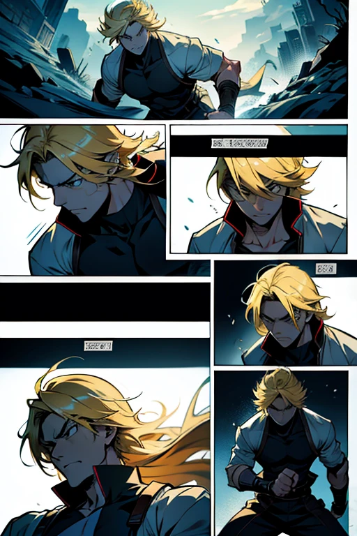 Anime guy with blonde hair fighting to the death, intense fight scenes, manga page with panels and dialogue