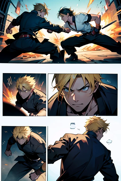 Anime guy with blonde hair fighting to the death, intense fight scenes, manga page with panels and dialogue