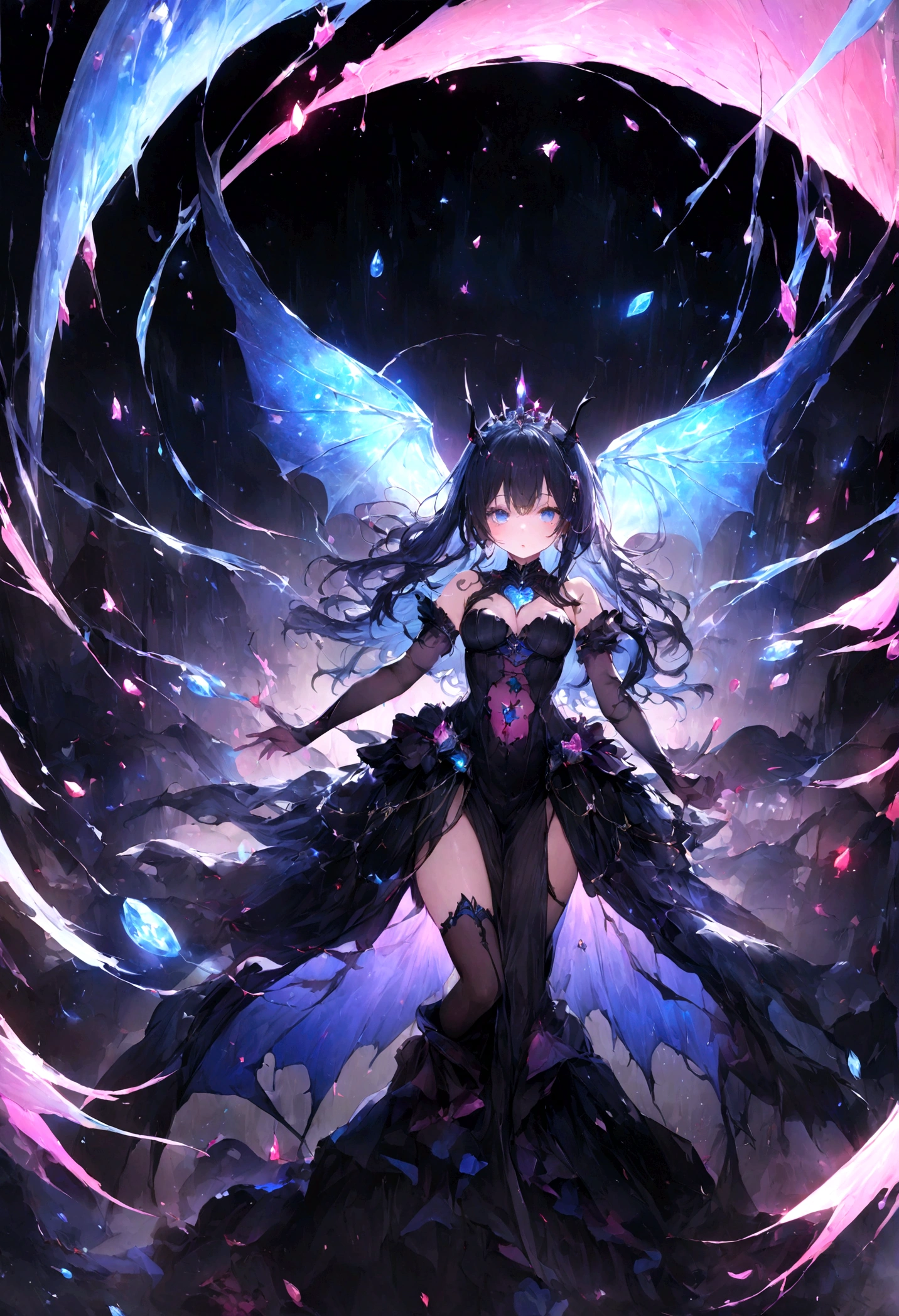 cute、、Young Girl、12age、Flying、Your eyes are bright and beautiful、whole body、Black Hair、Succubus、Obscene lines、Pink Heart、Beautiful blue eyes、Black crown、Black and blue vampire wings、Glare、Rin々Funny face、beautiful、blue Moon、Lots of blue light、universe、Fantasy,Lots of light、gem、magic、AmbiLight,The colors are vivid and bright,Black background,haze,Detailed depiction,Rich details,Explosion of imagination,Surreal,Ultra-realistic,masterpiece,8k,Light,Tyndall effect