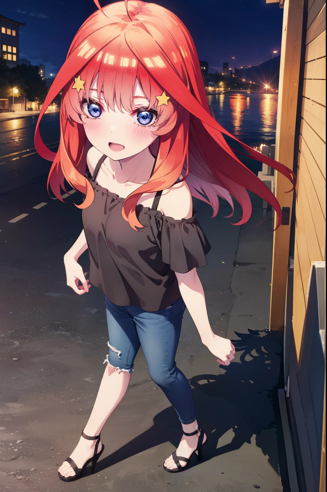 itsukinakano, Itsuki Nakano, bangs, blue eyes, Hair between the eyes, Ahoge, Redhead, star \(symbol\), hair ornaments, star hair ornaments,smile,blush,Open your mouth,,Cold shoulder tops,Skinny jeans,Short sleeve,Stiletto heels,night,Walking,moon,whole bodyがイラストに入るように,Looking down from above,
break outdoors, In town,Building district,
break looking at viewer, whole body,
break (masterpiece:1.2), highest quality, High resolution, unity 8k wallpaper, (figure:0.8), (Beautiful fine details:1.6), Highly detailed face, Perfect lighting, Highly detailed CG, (Perfect hands, Perfect Anatomy),