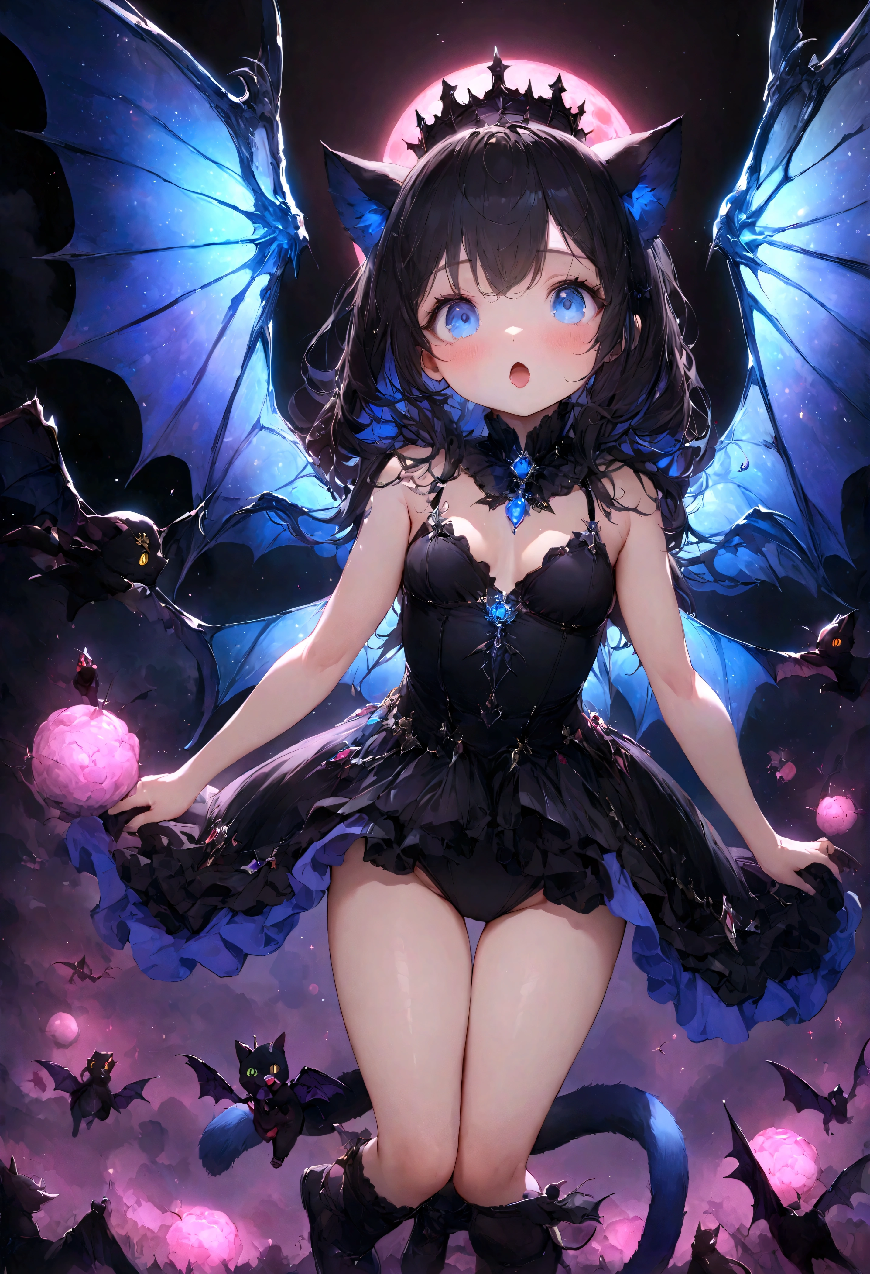 cute、、Young Girl、12age、Flying、Your eyes are bright and beautiful、whole body、Black Hair、Black cat ears、Cat's Tail、Beautiful blue eyes、Black crown、Black and blue vampire wings、Glare、Rin々Funny face、beautiful、Pink Moon、Succubus、Lots of blue light、universe、Fantasy,Lots of light、gem、magic、AmbiLight,The colors are vivid and bright,Black background,haze,Detailed depiction,Rich details,Explosion of imagination,Surreal,Ultra-realistic,masterpiece,8k,Light,Tyndall effect