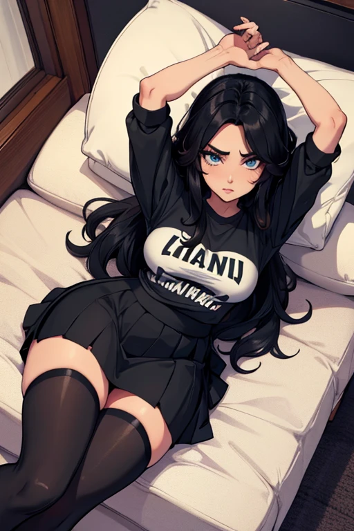 22 anos, pele branca, quase fala, cabelo preto, rosa nas pontas, cabelo extremamente longo, apertado, black pantyhose, black sneakers, cabelo preto, cabelo entre os olhos, cabelo branco, boca fechada, faixa, messy hair formal skirt big black hair extremely long hair blue eyes