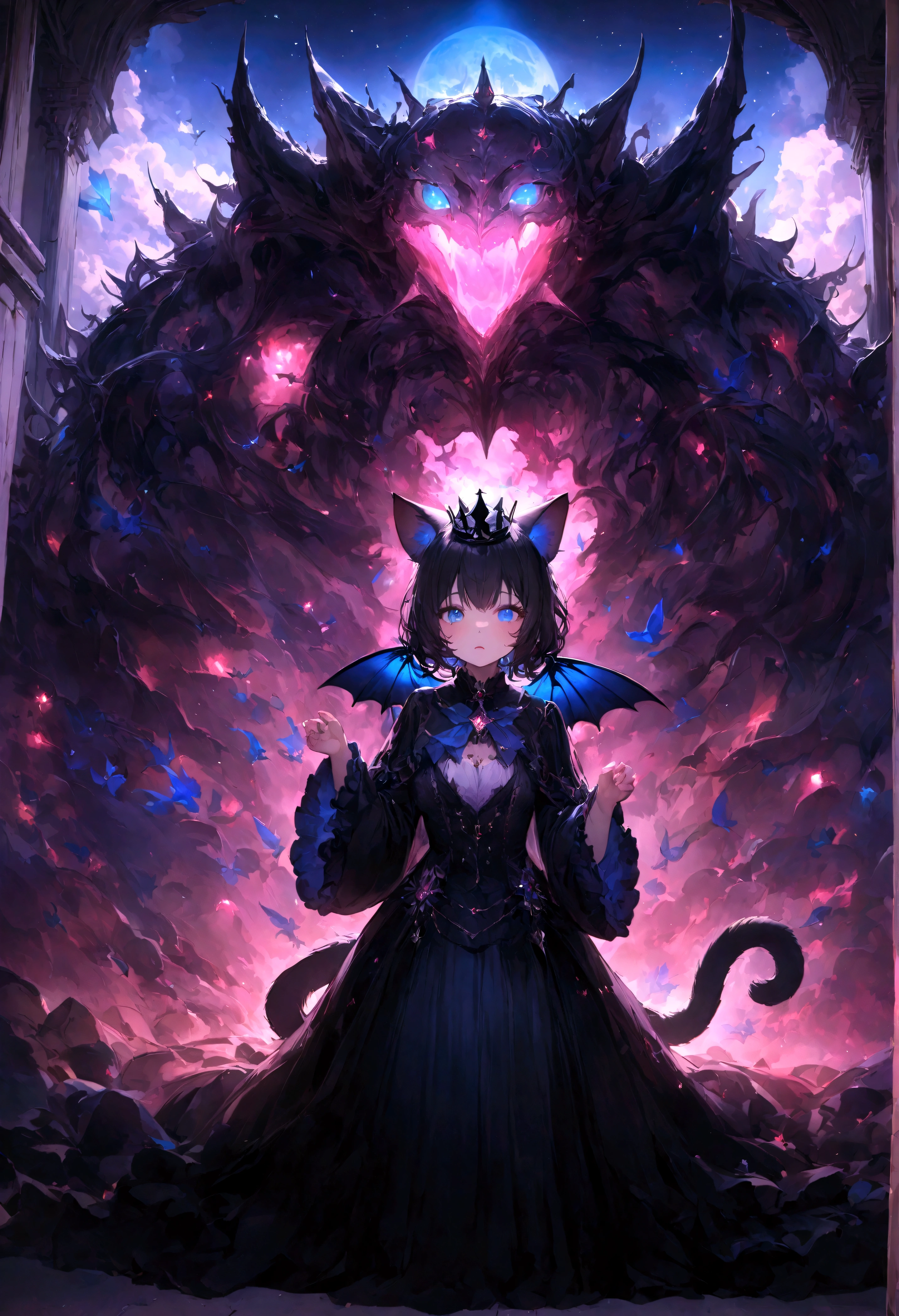 cute、、Young Girl、１２age、Flying、Your eyes are bright and beautiful、whole body、Black Hair、Black cat ears、Cat&#39;s Tail、Beautiful blue eyes、Black crown、Black and blue vampire wings、Glare、Rin々Funny face、beautiful、Pink Moon、Succubus、Lots of blue light、universe、Fantasy，Lots of light、gem、magic、AmbiLight，The colors are vivid and bright，Black background，haze，Detailed depiction，Rich details，Explosion of imagination，Surreal，Ultra-realistic，masterpiece，8k，Light，Tyndall effect