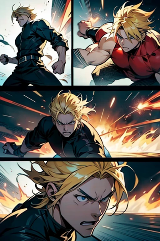 Anime guy with blonde hair fighting to the death, intense fight scenes, full body shots manga page with panels and dialogue