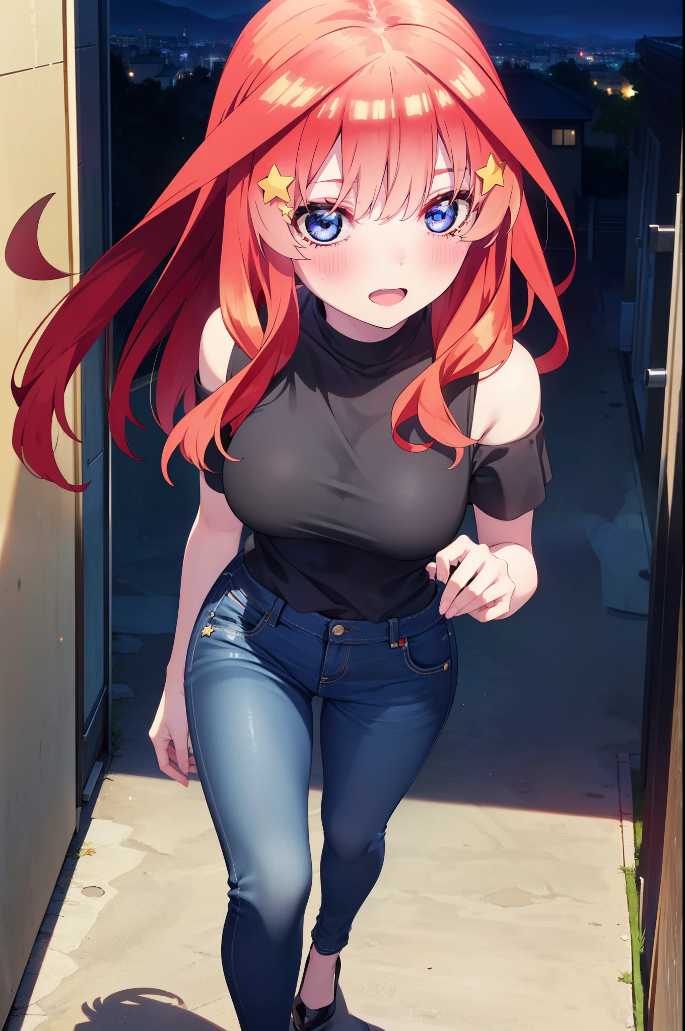itsukinakano, Itsuki Nakano, bangs, blue eyes, Hair between the eyes, Ahoge, Redhead, star \(symbol\), hair ornaments, star hair ornaments,smile,blush,Open your mouth,,Cold shoulder tops,Skinny jeans,Short sleeve,Stiletto heels,night,Walking,moon,whole bodyがイラストに入るように,Looking down from above,
break outdoors, In town,Building district,
break looking at viewer, whole body,
break (masterpiece:1.2), highest quality, High resolution, unity 8k wallpaper, (figure:0.8), (Beautiful fine details:1.6), Highly detailed face, Perfect lighting, Highly detailed CG, (Perfect hands, Perfect Anatomy),
