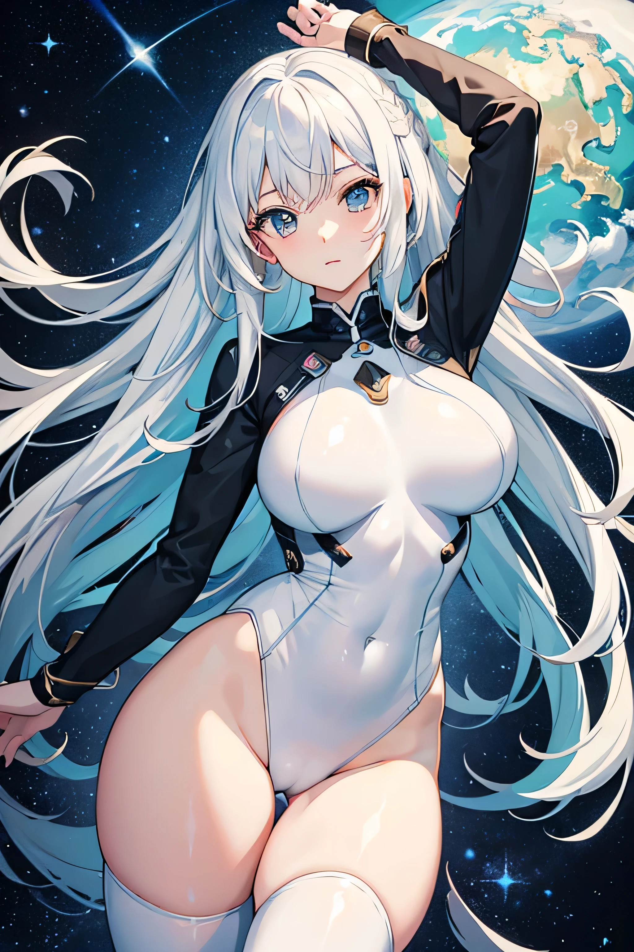 A anime girl,full hd, masterpieces,full body, portrait ,white style hair, multi colour, baby face,big eye,wear white and blue tight bodysuit, giant breasts, starlight background
