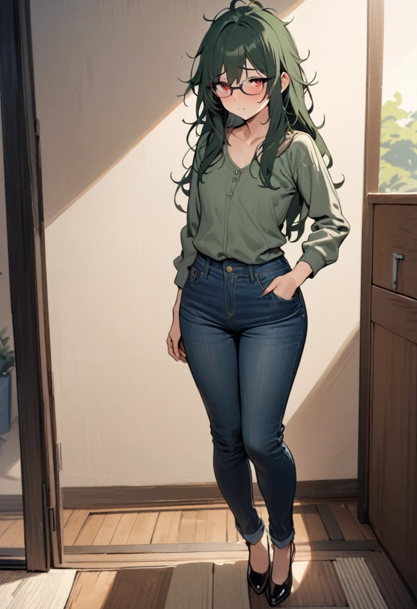 masterpiece, best quality, 1 female, solo, 35 year old female,full body,standing ,turn away,casual outfit, jeans,flat chest,Long Hair, Dark Green Hair,messy hair,glasses, red eyes,Shy , wide hips,tall,in room,