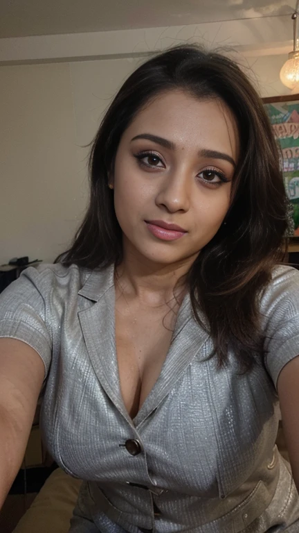 Trisha, face,normal office wear ,trisha krishnan,trks woman, (closeup),Best quality, realistic, ultra high resolution, 25 year old woman, average size, (((big cheeks, longer face))), fleshy , bedroom, selfie,(( beautiful fleshy face)), ((( ultrarealistic)))