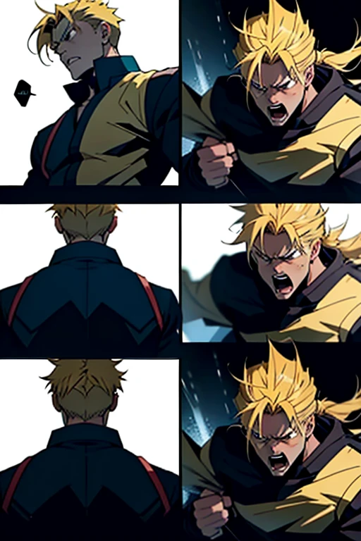 Anime guy with blonde hair morbidly angry fighting to the death, intense fight scenes, full body shots manga page with panels and dialogue