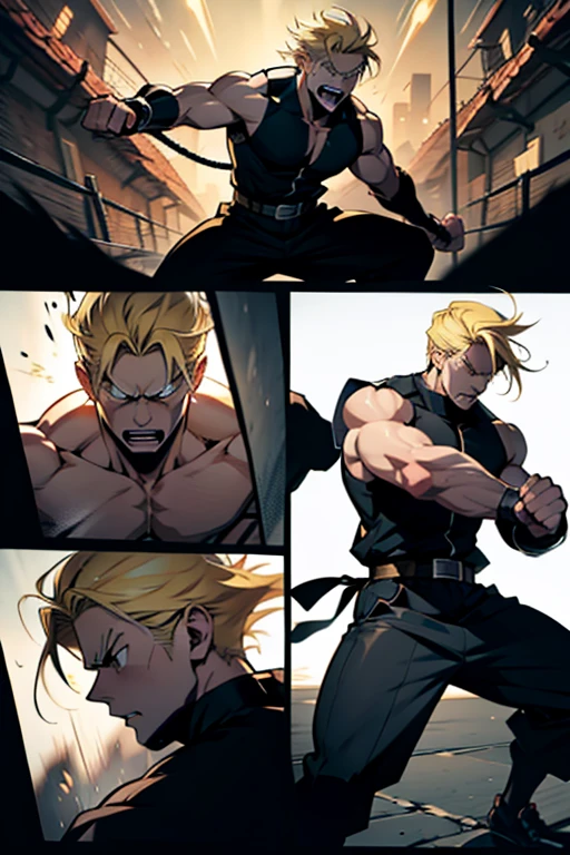 Anime guy with blonde hair morbidly angry fighting to the death, intense fight scenes, full body shots manga page with panels and dialogue