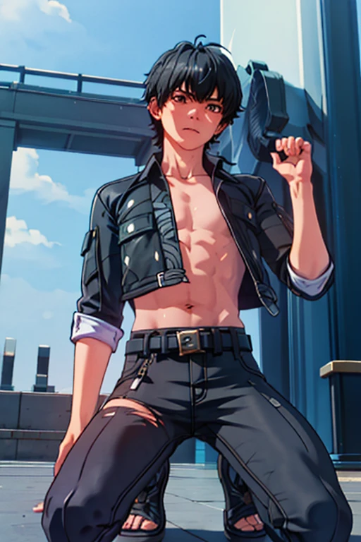 masterpiece male Kneel Raised arms Embarrassing Black Hair suffer unfortunate Upper body naked The body is slim thin Because I lost weight Juvenile body shape My clothes were torn ocher eyes