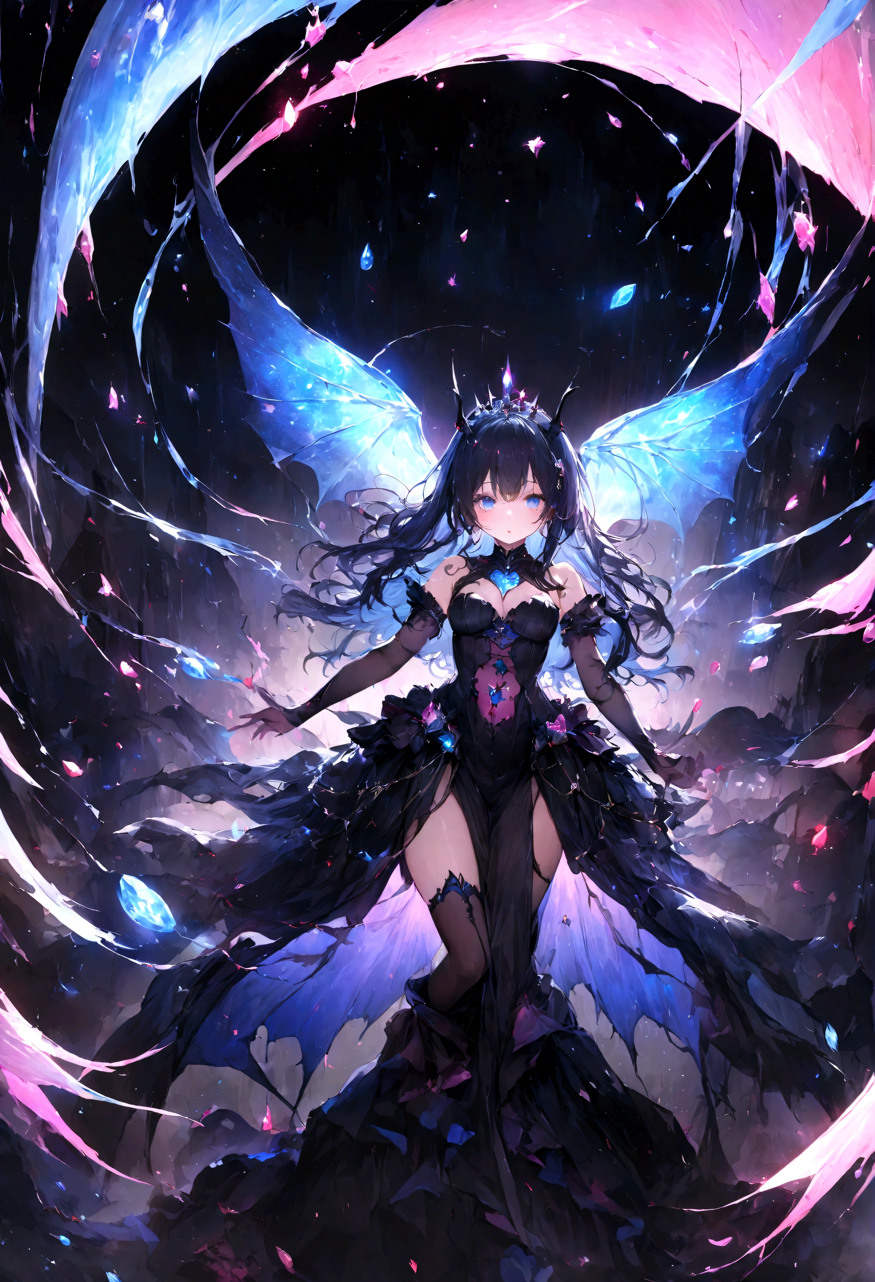 cute、、Young Girl、１２age、Flying、Your eyes are bright and beautiful、whole body、Black Hair、Succubus、Obscene lines、Pink Heart、Beautiful blue eyes、Black crown、Black and blue vampire wings、Glare、Rin々Funny face、beautiful、blue Moon、Lots of blue light、universe、Fantasy，Lots of light、gem、magic、AmbiLight，The colors are vivid and bright，Black background，haze，Detailed depiction，Rich details，Explosion of imagination，Surreal，Ultra-realistic，masterpiece，8k，Light，Tyndall effect