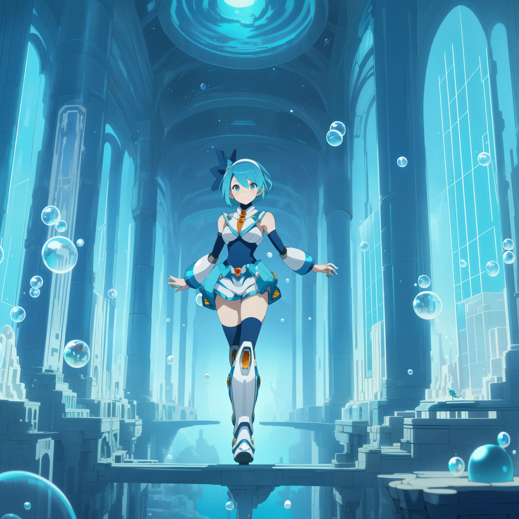 rico_megamanxdive, 1girl, solo, blue eyes, short hair, blue hair, android, high quality, masterpiece, standing in an underwater city with lots of bubbles, in the style of yuumei, intricate architectures, indigo, miniature illumination, daniel f. gerhartz