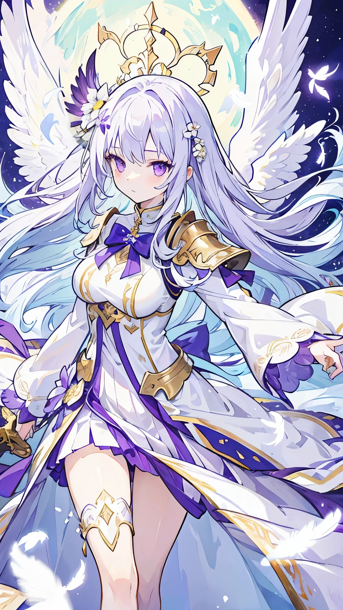 Young woman, white long hair, Purple eyes, angel wings with flowers in feathers, white halo above head, dressed in armor and holding a sword